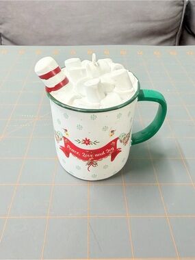 Holiday the pioneer woman Enamel Mug with Green Handle has a chip on the top
